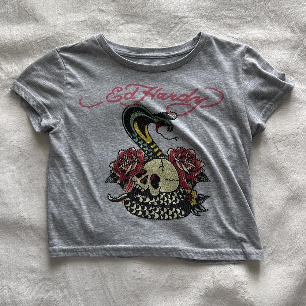 Ed Hardy Gray Tee with Pink Logo & Multi-Color Snake Graphic